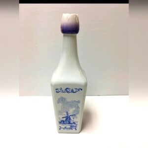 Vintage Vandermint Glass Liquor Bottle Delft Blue Windmills on White 11" Empty